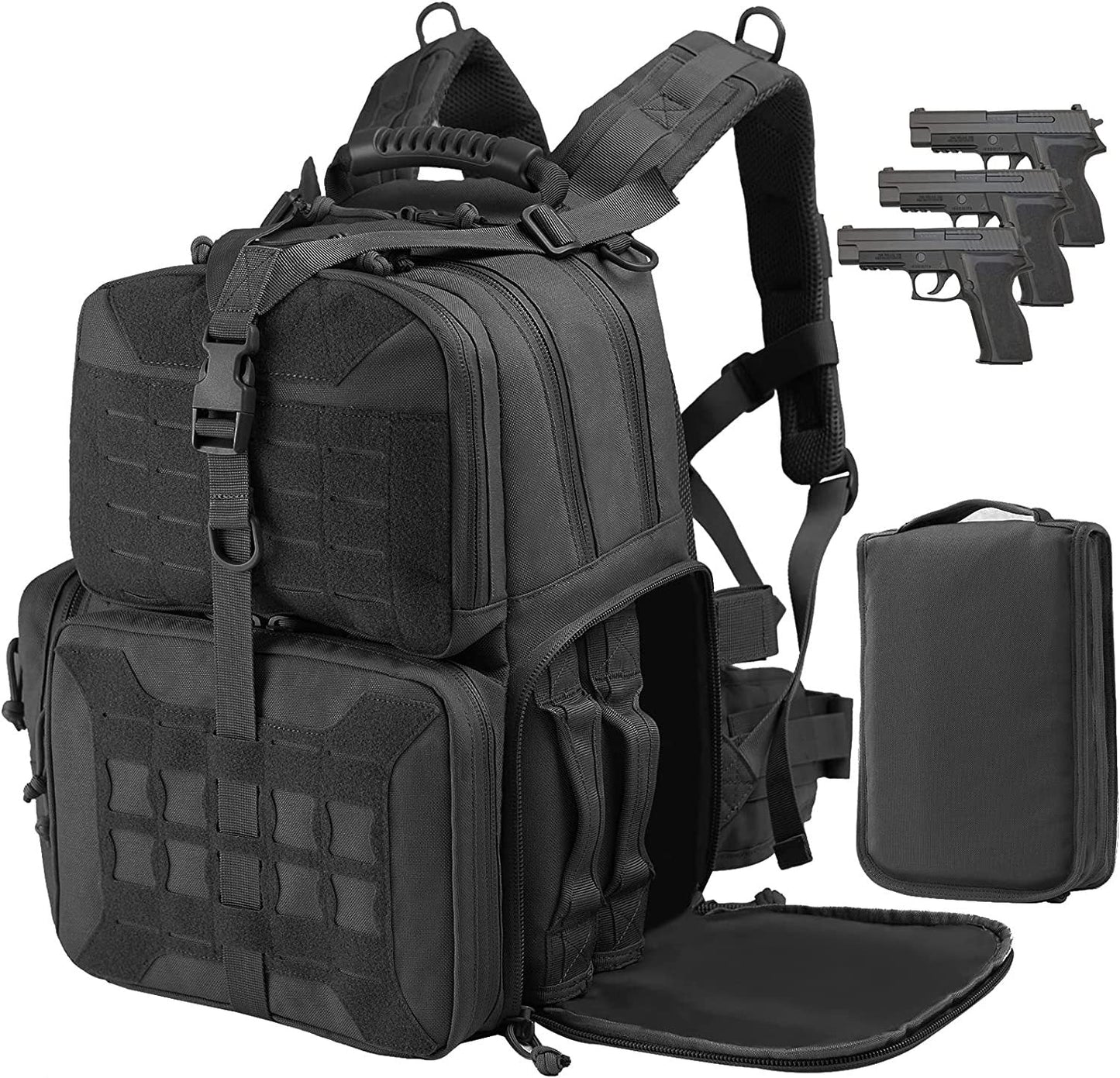 Black tactical backpack with additional pouches and guns on a white background
