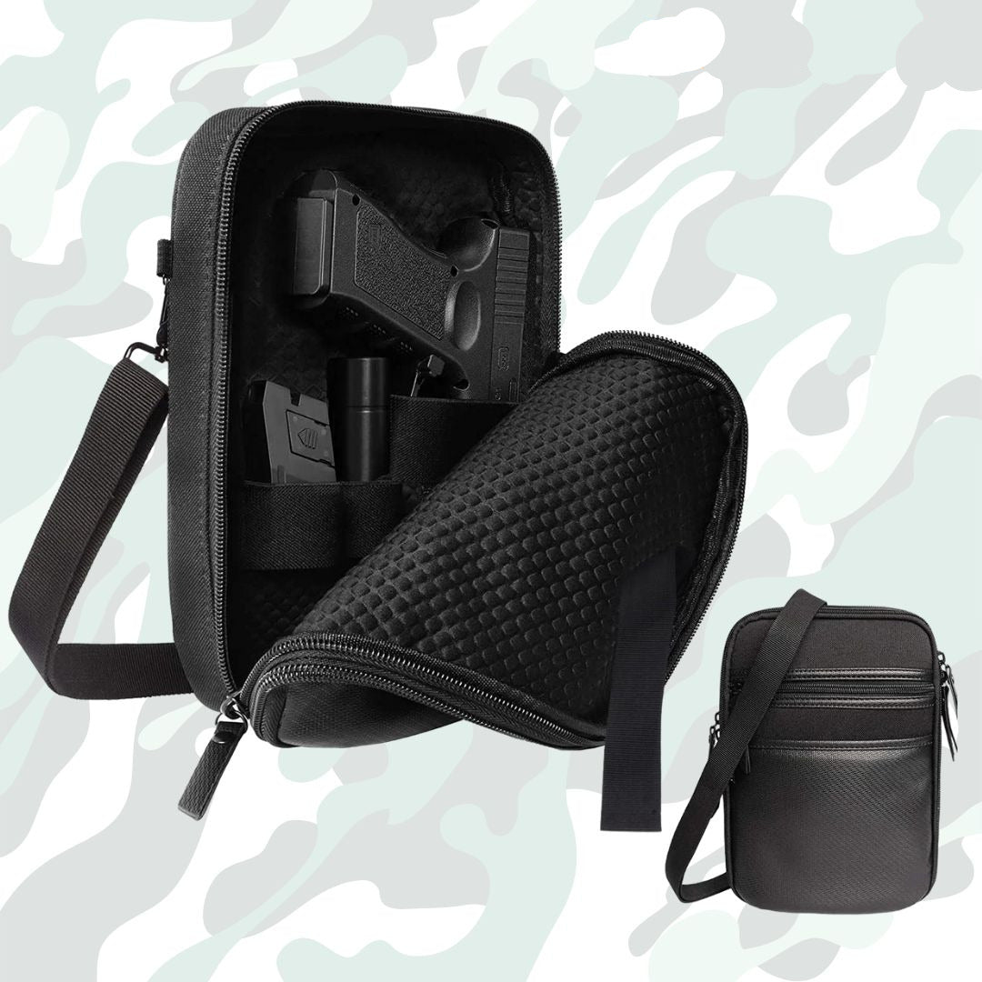 A black tactical pouch designed for concealed carry, shown with a gun and other items inside, and in different angles to demonstrate its functionality and design.